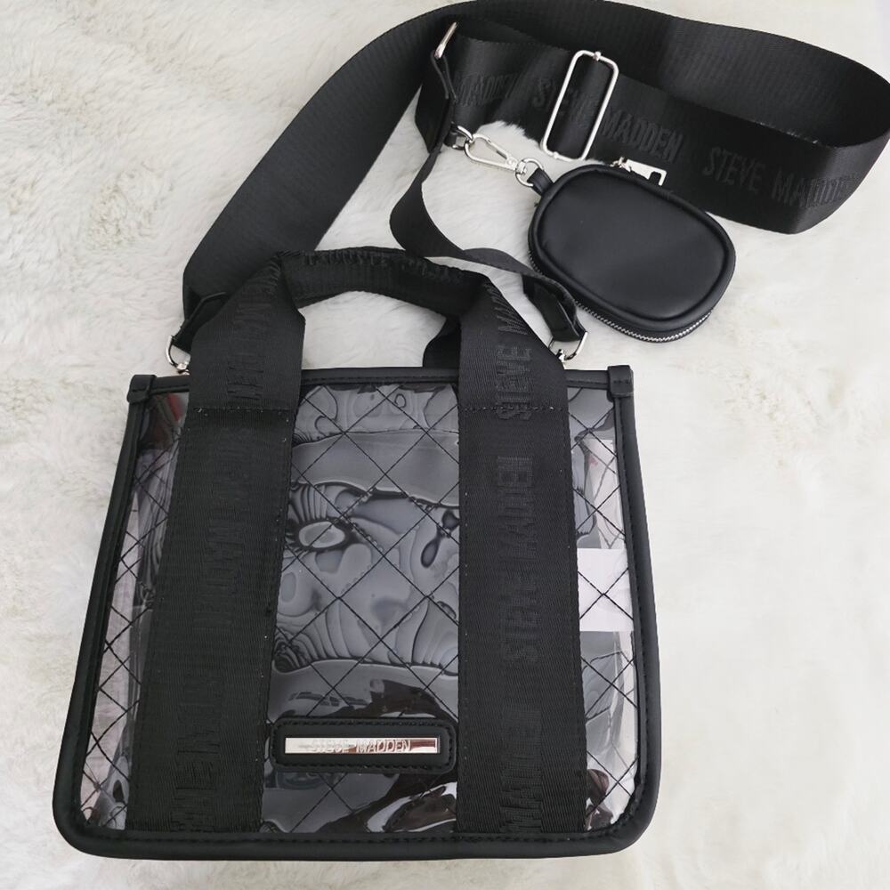 Steve Madden Clear Satchel Tote Bag Crossbody Black Logo Strap NEW - Picture 5 of 11